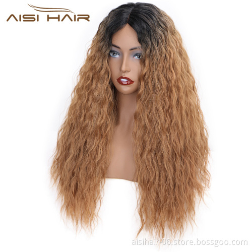 Aisi Hair Heat Resistant Synthetic Fiber Long Wavy Lace Part Wigs Ombre Brown Long Wave Wigs for American African Women